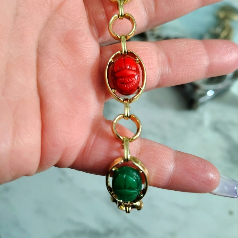 1950s Scarab Egyptian Multicolored Link Chain Bracelet Statement Jewelry vintage